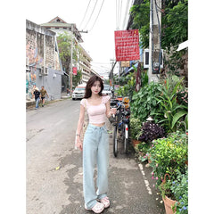 Aiertu Blue Jeans for Women High Quality High Waist American Wide Leg Pants Bow Embroidery Y2K Vintage Straight Summer Trousers 2024 Aiertu