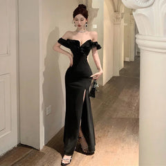 Aiertu Ruffled One Shoulder Strapless Evening Dress Women 2024 Spring Summer Elegant High Waist Slim Wrapped Slit Long Dresses Aiertu