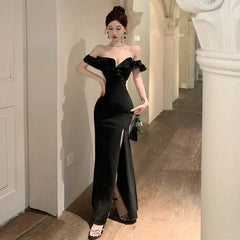 Aiertu Ruffled One Shoulder Strapless Evening Dress Women 2024 Spring Summer Elegant High Waist Slim Wrapped Slit Long Dresses Aiertu