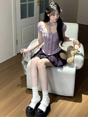 France Fashion Y2k Mini Skirt Suit Women Vintage Elegant Chic 2 Piece Dress Female Purple Slim Tops+High-waisted Skirt Designer Aiertu