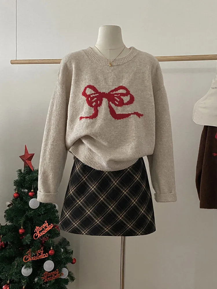 Aiertu Sweet Knitted Sweater Women Oversized Bow Embroidery Pullover Korean Fashion Casual Jumper All-Match Autumn Winter High Street Aiertu