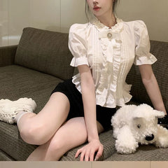 White Elegant Shirt Women Summer Sweet Cute Puff Sleeve Crop Top Korean Ruffles Chic Slim Vintage Office Ladies Blouse New Aiertu