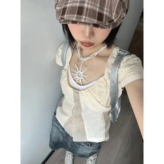 Aiertu Y2K Vintage Women's Blouse See Through Short Sleeve Slim Shirts Japanese 2000s Style Summer Gyaru Streetwear Cardigan Aiertu