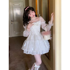 Aiertu Japanese Sweet Fairy Lolita Dress Women White Mesh Elegant Princess Dress Female Bow Casual Evening Party Dress Summer Slim Aiertu