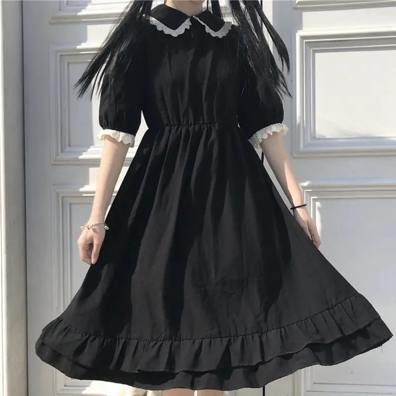 Aiertu 2024 Coquette Black Kawaii Lolita Style Dress Mori Girl Fairy Cute Lolita Peter Pan Collar Puff Sleeve Dress Fashion Women Aiertu