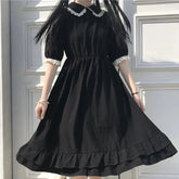 Aiertu 2024 Coquette Black Kawaii Lolita Style Dress Mori Girl Fairy Cute Lolita Peter Pan Collar Puff Sleeve Dress Fashion Women Aiertu
