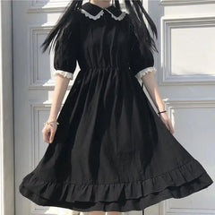 Aiertu 2024 Coquette Black Kawaii Lolita Style Dress Mori Girl Fairy Cute Lolita Peter Pan Collar Puff Sleeve Dress Fashion Women Aiertu