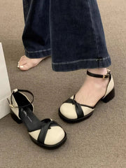 Aiertu Sandals Shallow Mouth Comfort Shoes for Women Summer Heels Buckle Med Suit Female Beige Mary Jane New Girls Block Retro Fas Aiertu
