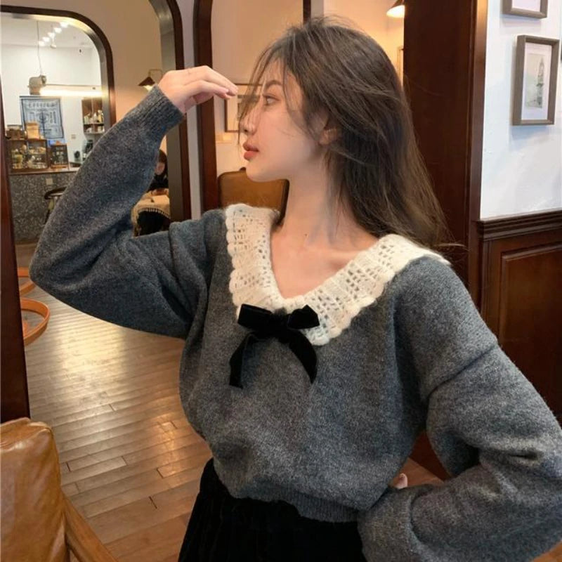 Aiertu Korean Style Sweaters Women Kawaii Sweet Pullovers Grey Bow Knited Crop Tops Vintage Patchwork Sweater Autumn Winter Aiertu