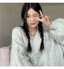 V-Neck Thickened Fried Dough Twists Sweater Autumn and Winter Loose Outwear Lazy and Gentle Design Small Warm Knit Top Aiertu