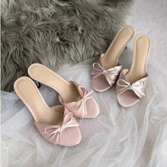 AIERTU - Women's Satin Bow Slippers Summer Open Toe Women Stiletto Heel Sandals Elegant Party Wedding Ladies Dress Shoes Non-slip Aiertu