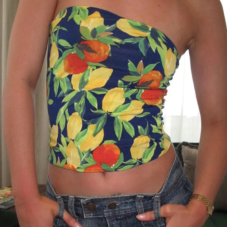 Women's New Sexy Flower Print Tube Top Sleeveless Tank Vest Slim Tops Streetwear Casual Hot Girl Summer Fashion Clothing Aiertu
