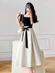 Aiertu Summer Bandage Party Short Sleeve Two Piece Set Women Square Collar High Waist Princess French Elegant Black Tops White Skirts Aiertu