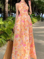 Aiertu Summer Elegant Casual Women Floral Dress Halter A-Line Beach Holiday Party Long Robe Female Vintage Boho Clothes Vestidos New Aiertu