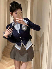 Preppy Style 2024 New Spring Women Korean JK Uniform Set Long Sleeve Navy Mock Two-Piece Shirt Top Jacket A line Skirt Suit Girl Aiertu