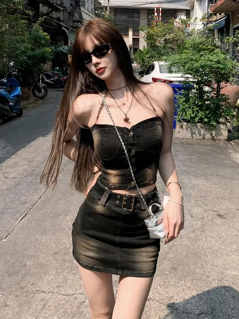 Aiertu Spicy Girl Chain Hanging Neck Denim Bra Top Skirt Two Piece Set Women Gradient Collarbone Sleeveless Slim Summer Slim Girl Suit Aiertu