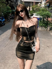 Aiertu Spicy Girl Chain Hanging Neck Denim Bra Top Skirt Two Piece Set Women Gradient Collarbone Sleeveless Slim Summer Slim Girl Suit Aiertu
