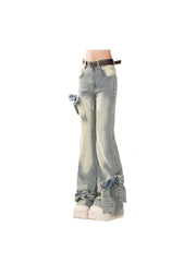 Aiertu Women's Blue Bow Flare Jeans Harajuku 90s Aesthetic Streetwear Baggy Denim Trousers Y2k Jean Pants Vintage 2000s Trashy Clothes Aiertu