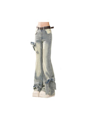 Aiertu Women's Blue Bow Flare Jeans Harajuku 90s Aesthetic Streetwear Baggy Denim Trousers Y2k Jean Pants Vintage 2000s Trashy Clothes Aiertu