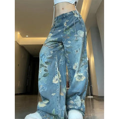 Aiertu Blue Womens Jeans High Waist Vintage Straight Y2K Summer Denim Pants Rose Streetwear American Wide Leg Baggy Denim Trouser Aiertu