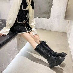 Chunky Platform Women Long Boots Pu Leather Knee High Boots Women Punk Female Lace Up Booties Mujer Chelsea Women Shoes Aiertu