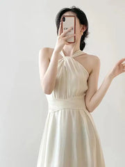 Aiertu Woman Beach Vacation Dress Sleeveless Sexy Halter Solid Korean Fashion Summer New Elegant Midi Sexy Club Dresses French Backless Aiertu