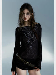 Aiertu Black Gothic Print Graphic Tees Off Shoulder T Shirt Women Clothes Long Sleeve Streetwear Lace Up Autumn Ladies Tops Y2k Aiertu