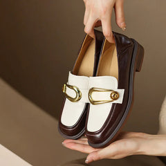 Aiertu Penny Loafers Women Genuine Leather Color Block Slip On Square Toe Metal Decoration Flats Ladies Shoes Aiertu