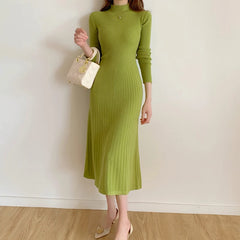 Aiertu Autumn Winter Long Sleeve Party Dress Women Button Knitted Mid-calf Half High Collar Elegant Knitted Sweater Dresses Ladies Aiertu
