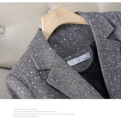 Aiertu 2024 Autumn Retro Gray Splice Plaid Sequins Blazers Coat For Women Brown Elegant Business Vintage Ladies Suit Jacket Fashion Y2k Aiertu