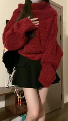 Aiertu Women Red Pullover Knitted Sweater Harajuku Y2k Long Sleeves Slash Neck Sweater Jumper Vintage 2000s Aesthetic Clothes 2024 aiertu