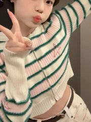 Aiertu Y2K Vintage Striped Cropped Cardigan Women Harajuku Kawaii Star Embroidery Sweater Korean Sweet Hooded Knitted Tops 00s Aiertu