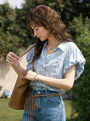 Aiertu Blue Striped Fairycore Blouse Women Puff Short Sleeve Shirts Feminina Casual Sweet Korean Fashion Chic Tops Summer New Aiertu