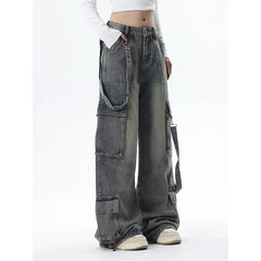 Aiertu Women Blue Jeans Cargo Pants Streetwear High Waist American Wide Leg Pants Fashion Y2K Style Female Winter Straight Trousers Aiertu