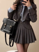 Spring 2024 Preppy Style American Uniform Set Girls Short Suit Coat Long Sleeve Striped Shirt Slim High Waist Pleated Skirt Grey Aiertu