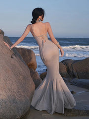 AIERTU - Ruched Elegant Sling Dress Woman Summer Trend Bright Silk Low-Neck Backless Sleeveless Vacation Beach Style Long Bodycon Aiertu
