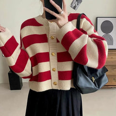 Aiertu Striped Knitted Cardigans Women Autumn Winter Button Up Loose Cardigan Sweaters Woman Korean Style Long Sleeve Knitwear Aiertu