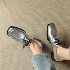 Aiertu NEW Spring/Autumn Women Shoes Square Toe Women Loafers Chunky Heel Shoes Split Leather Shoes for Women Retro Lace up Women Pumps Aiertu