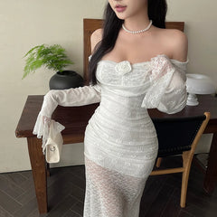 Aiertu Women's Elegant Dresses 2024 Spring New Pure Color Temperament Slim Fairy Style Lace Splicing Design Dresses Aiertu