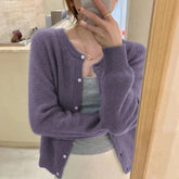 Aiertu Cold Weather Outfits Fall Solid Color Knitted Cardigan Women Korean Single Breasted Long Sleeve Jumper Woman Round Neck All Match Sweater Outwear Top Aiertu