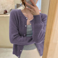 Aiertu Cold Weather Outfits Fall Solid Color Knitted Cardigan Women Korean Single Breasted Long Sleeve Jumper Woman Round Neck All Match Sweater Outwear Top Aiertu