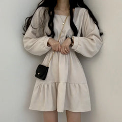 Aiertu Vintage Mini Dress Women Sweet Retro Wrap Square Collar Long Sleeve Short Dresses Solid 3 Colors Preppy Style Clothes Aiertu