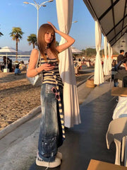 Aiertu Harajuku Striped Camisole Women Sleeveless Korean Fashion Streetwear Knitted Tank Tops With Tie Summer Tops Halter Tops Aiertu
