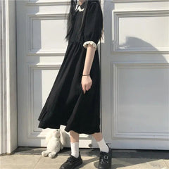 Aiertu 2024 Coquette Black Kawaii Lolita Style Dress Mori Girl Fairy Cute Lolita Peter Pan Collar Puff Sleeve Dress Fashion Women Aiertu