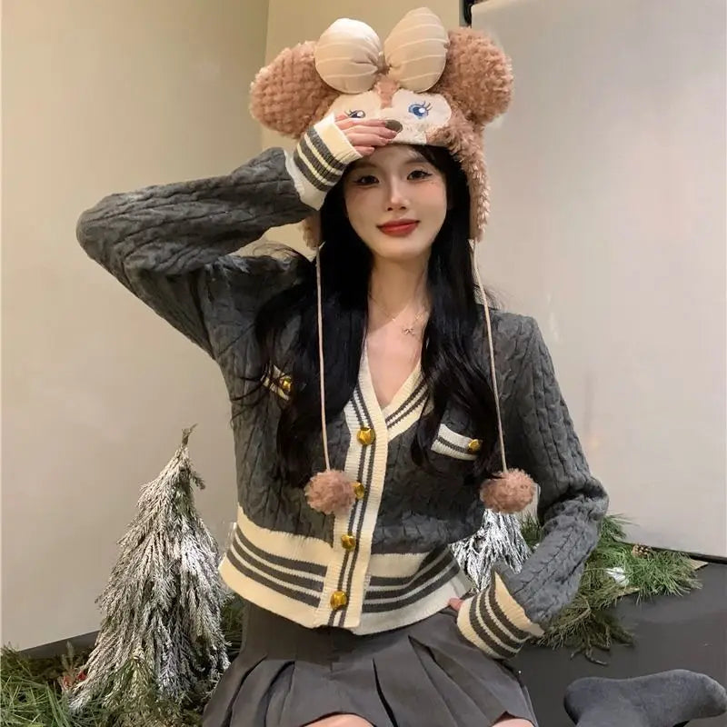 Aiertu Kawaii Korean Style Cardigan Women Elegant Sweet Knitted Sweater Cute Patchwork Casual Autumn Winter Cardigan Sweaters Aiertu