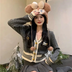 Aiertu Kawaii Korean Style Cardigan Women Elegant Sweet Knitted Sweater Cute Patchwork Casual Autumn Winter Cardigan Sweaters Aiertu