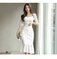 Aiertu Summer New 2-piece Square Collar Double-breasted Top +Fashion Cutout Lace Fishtail Skirt Casual Women Suit Skirt Aiertu