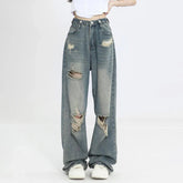 Aiertu Vintage Y2K Ripped Jeans Women Blue High Waist Straight Loose Denim Trousers Wide Leg Pants Streetwear Oversize Aiertu