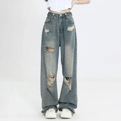 Aiertu Vintage Y2K Ripped Jeans Women Blue High Waist Straight Loose Denim Trousers Wide Leg Pants Streetwear Oversize Aiertu