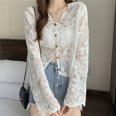 Korean Mesh Hollow Out Shirt Women Lace Sunscreen Summer Loose Sweet Cardigan Single-Breasted Chic Pretty Style Blouses Aiertu
